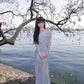 Blue floral one-shoulder dress, gentle temperament, beautiful waist and hip skirt R0686