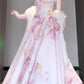 Gentle temperament pink floral suspender dress beautiful waist dress R0685