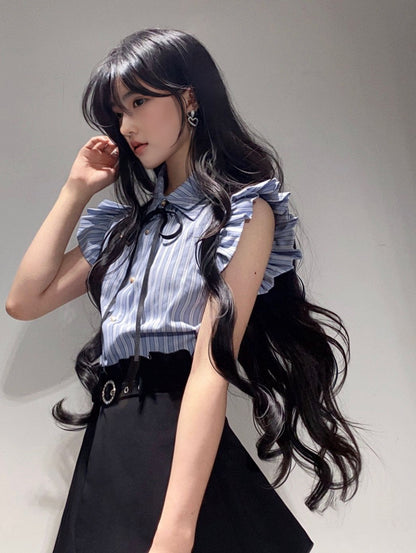 Suit gentle temperament beautiful blue shirt flower bud shorts two-piece suit R0824