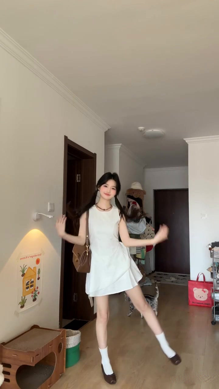 Gentle style white vest dress for women irregular beautiful waist bud skirt R0825