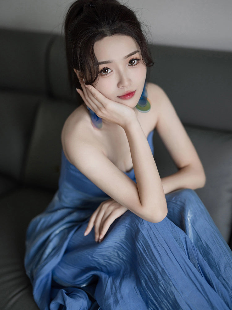 Dress blue wedding banquet high-end banquet temperament slim tube top dress R1624