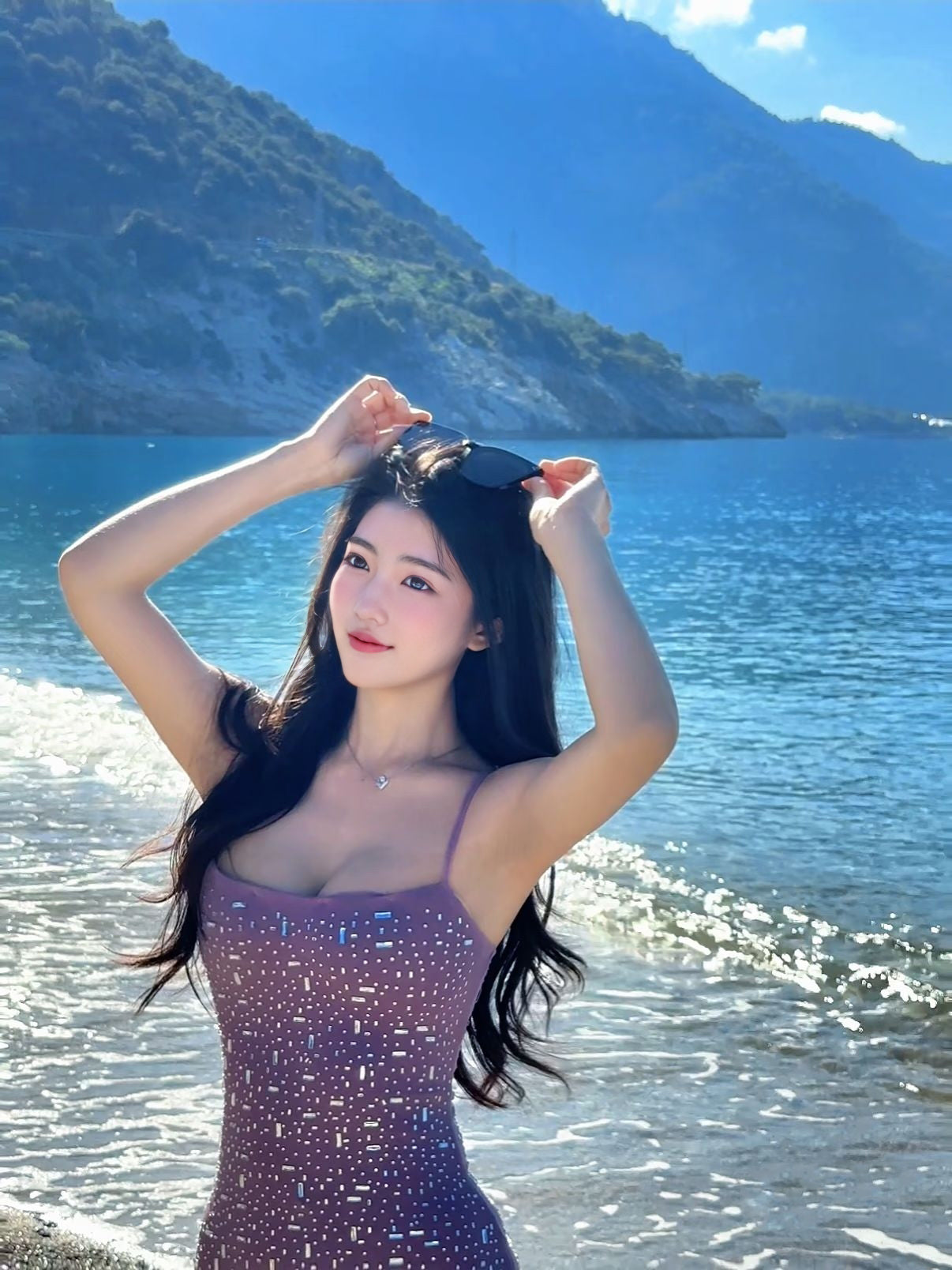 Purple hot diamond suspender dress niche figure waist temperament dress R0515