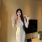 Gentle style temperament square neck dress shows figure sexy slim hip dress R0517