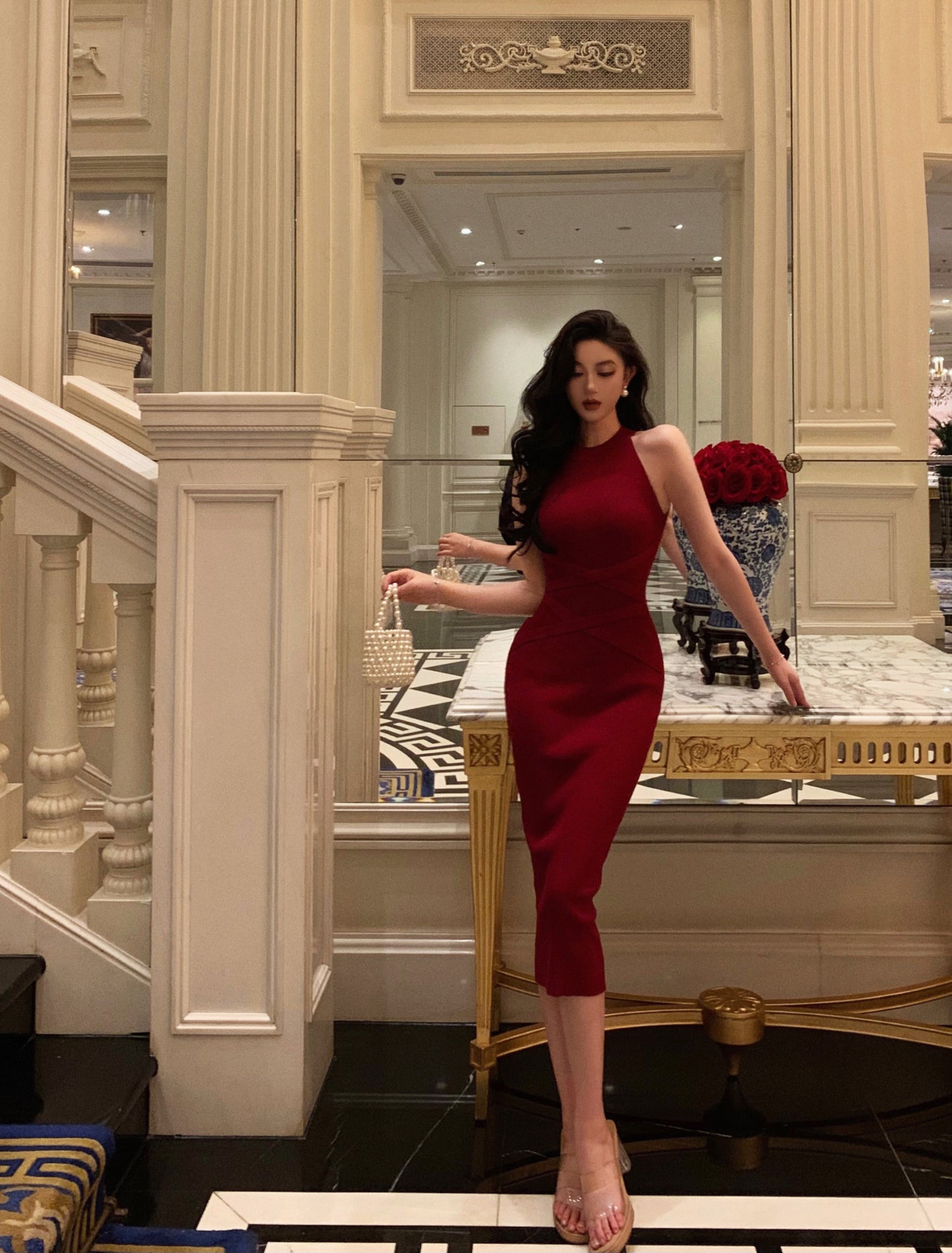 Retro halter neck suspender dress sleeveless lace-up knitted slim fit sexy hip skirt R1491