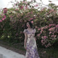 Purple V-neck floral one-shoulder dress gentle temperament waist A-line long skirt R0776