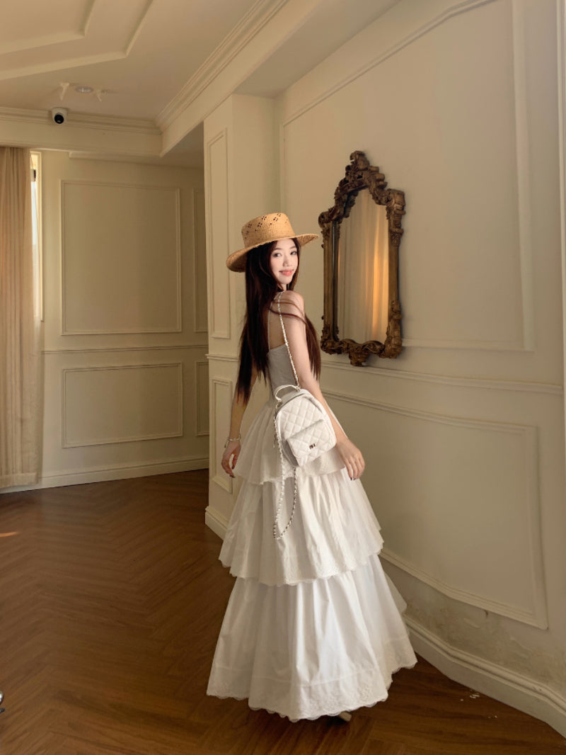 Beautiful little skirt lace splicing cake sling long dress R0778