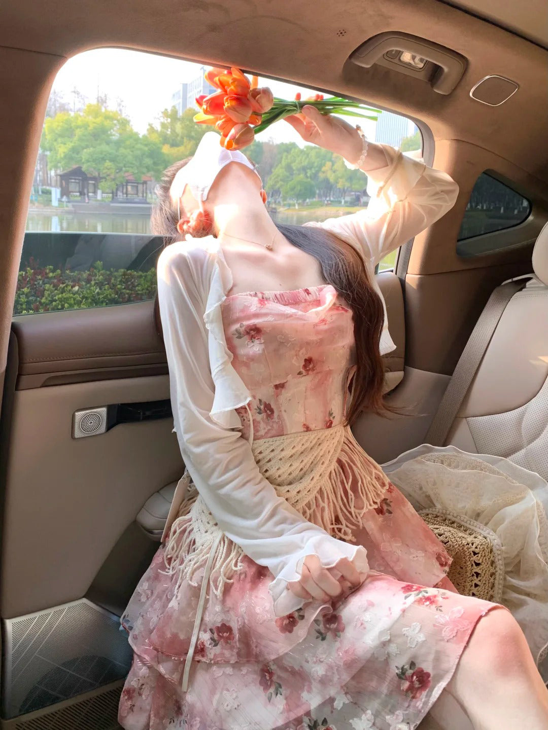 Gentle temperament sling floral dress beautiful waist A-line short skirt R0764