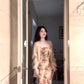 Retro floral suspender dress beautiful waist slim beach dress R0668