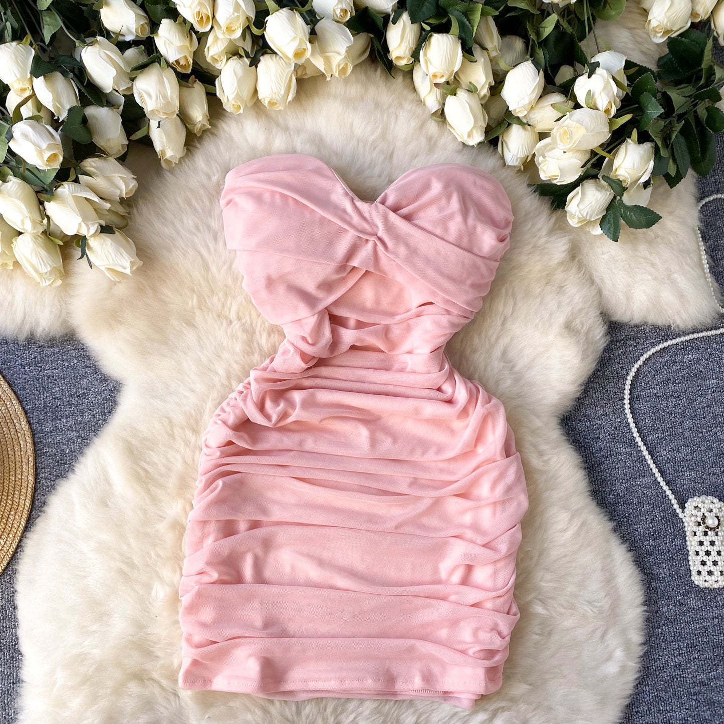 Sexy sleeveless tube top dress pure desire hot girl pleated slim hip small mesh skirt R2328