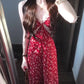 Beautiful little skirt tea break French retro red dress v-neck floral suspender skirt R0614