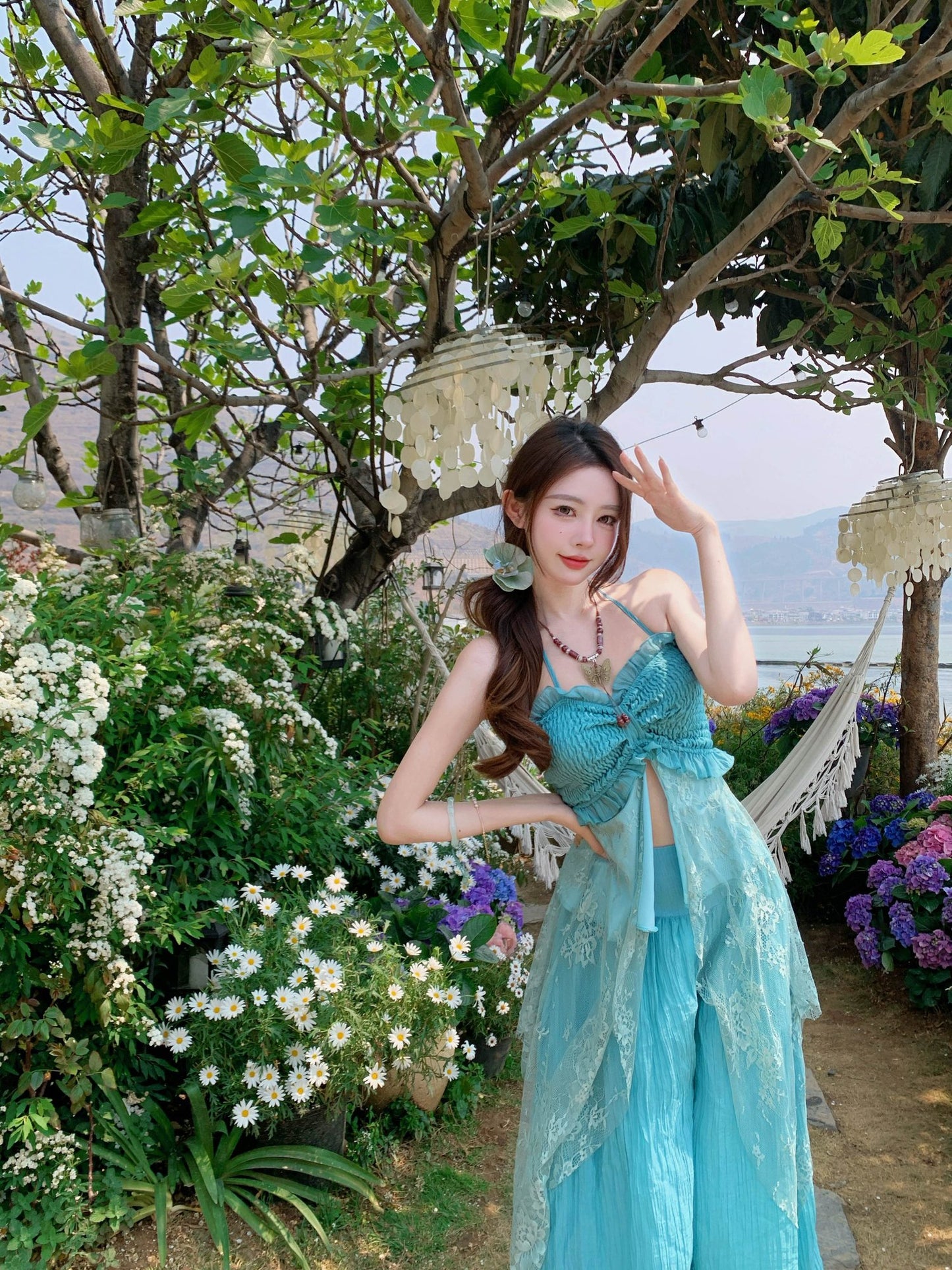 Beautiful unique green tube top casual wide leg pants two piece suit 2025 R0780