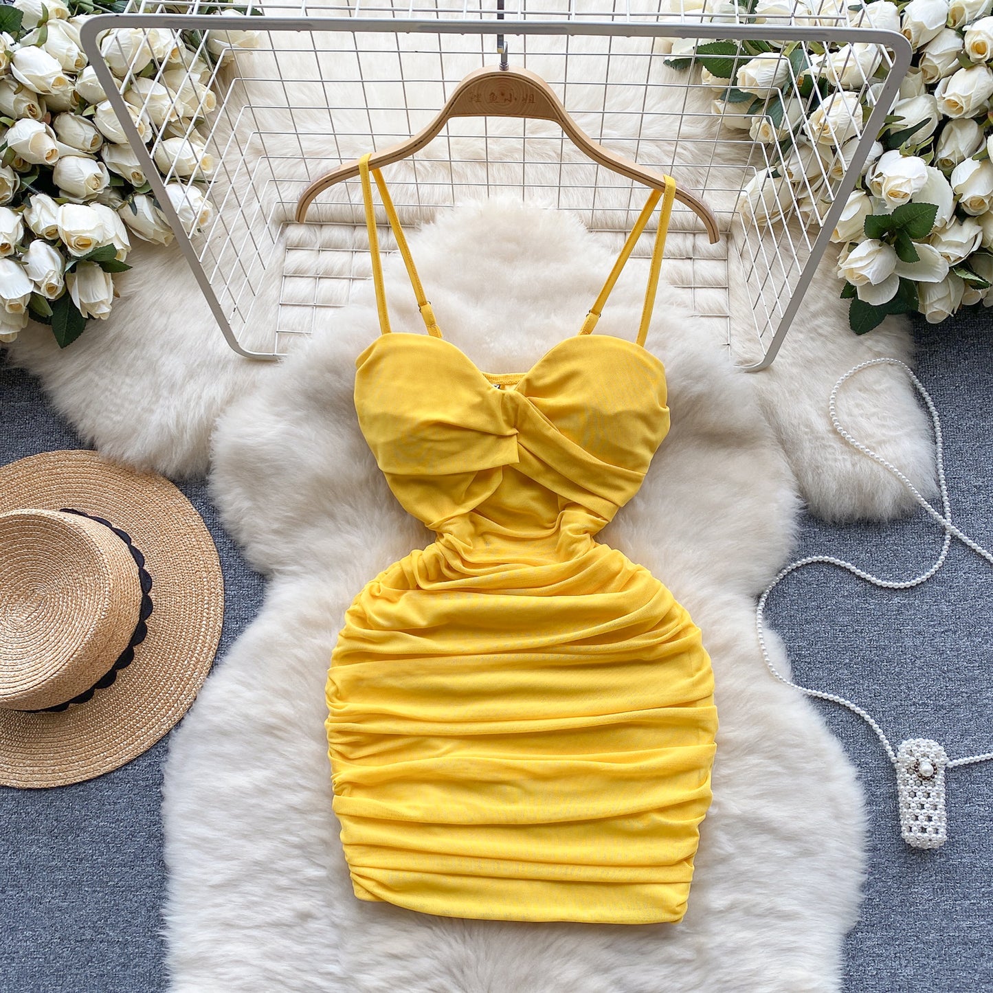 Sexy elastic mesh dress 2025 new pleated slim short sexy hip suspender skirt R2268