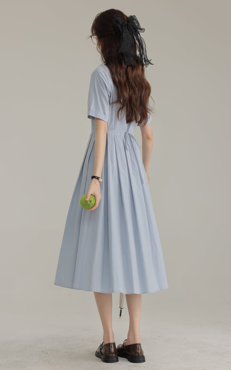 French new blue college style dress waist pleated shirt skirt R1938
