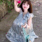 Gentle and sweet style blue floral dress beautiful loose A-line short skirt for petite R0651