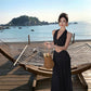 Beautiful outfit set V-neck halter top skirt sexy holiday style two-piece suit R0652