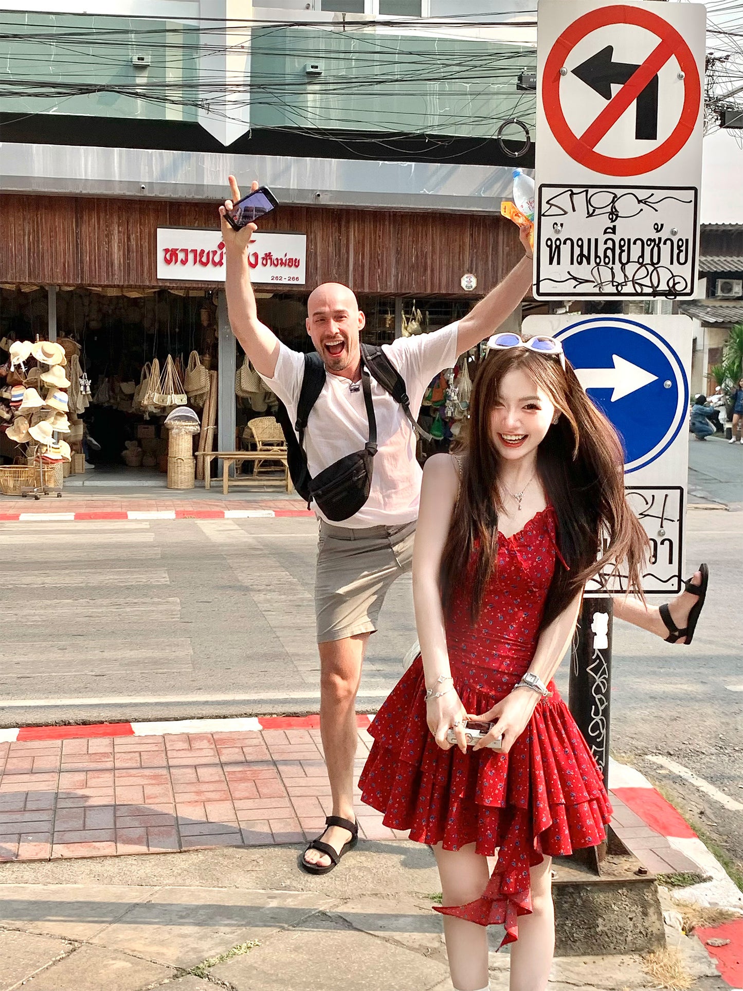 Summer waist slimming temperament red floral holiday halter neck slim dress for women R3914