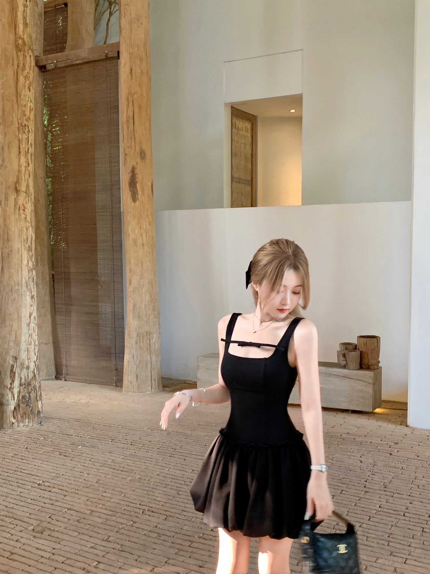 Flower bud vest little black dress waist slimming French Hepburn dress women's summer R3913