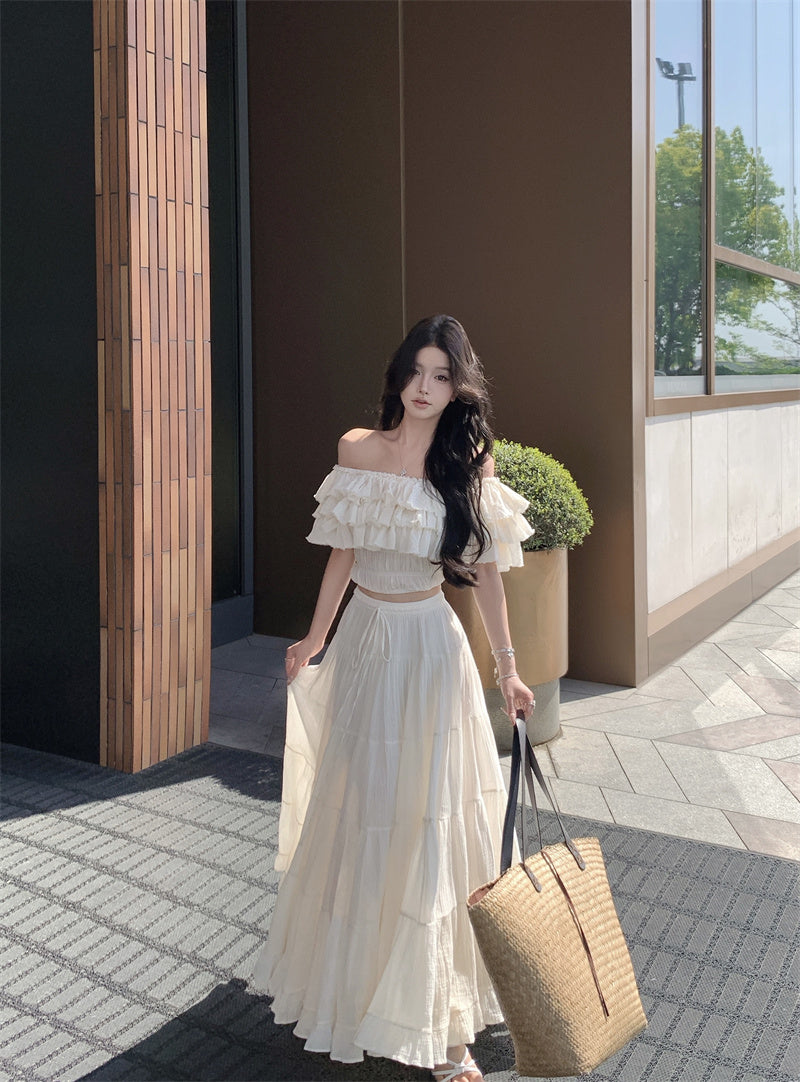 Summer beautiful one-shoulder short top a-line skirt beautiful two-piece suit R0853