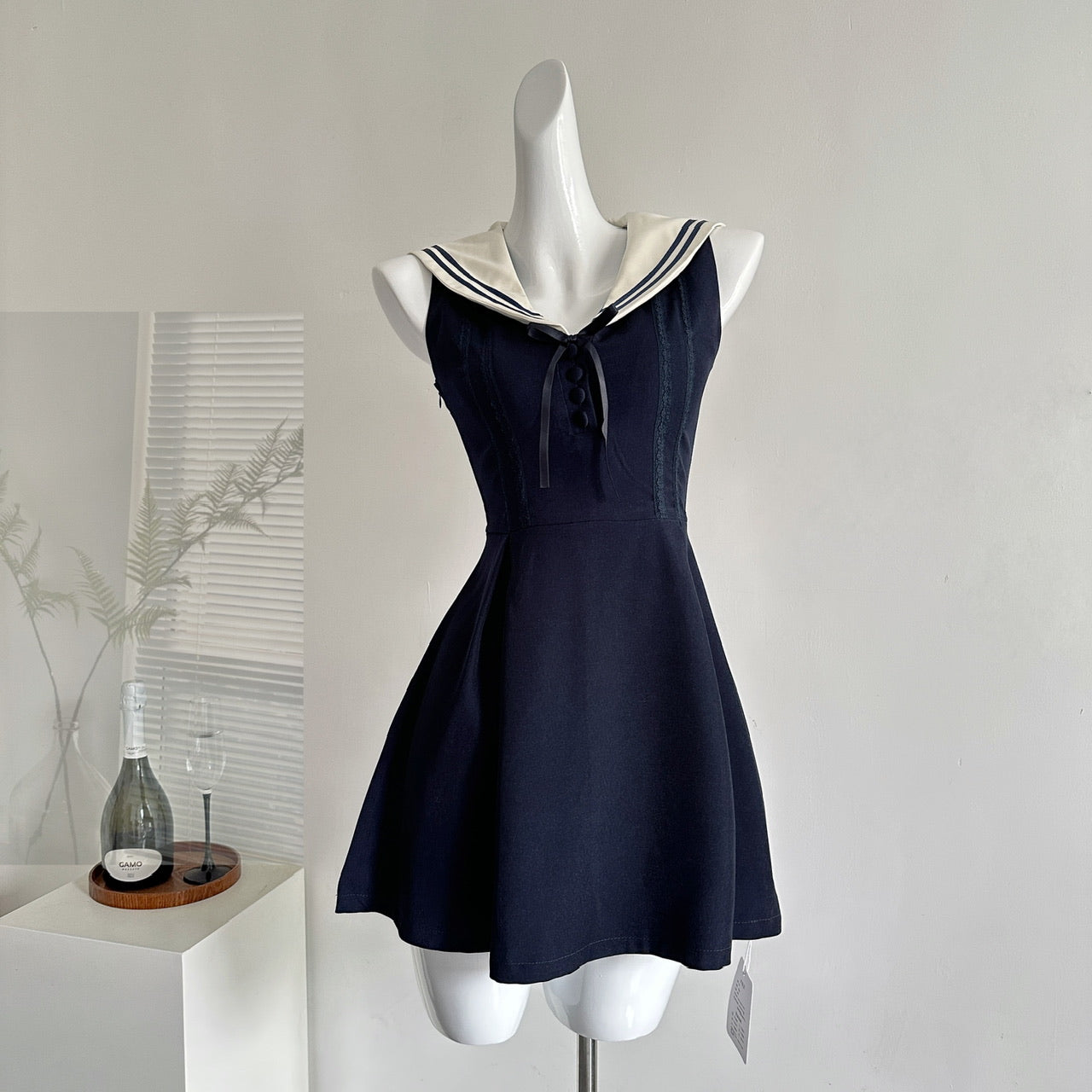Navy Collar Cotton Ruffle Sleeveless Dress R2044