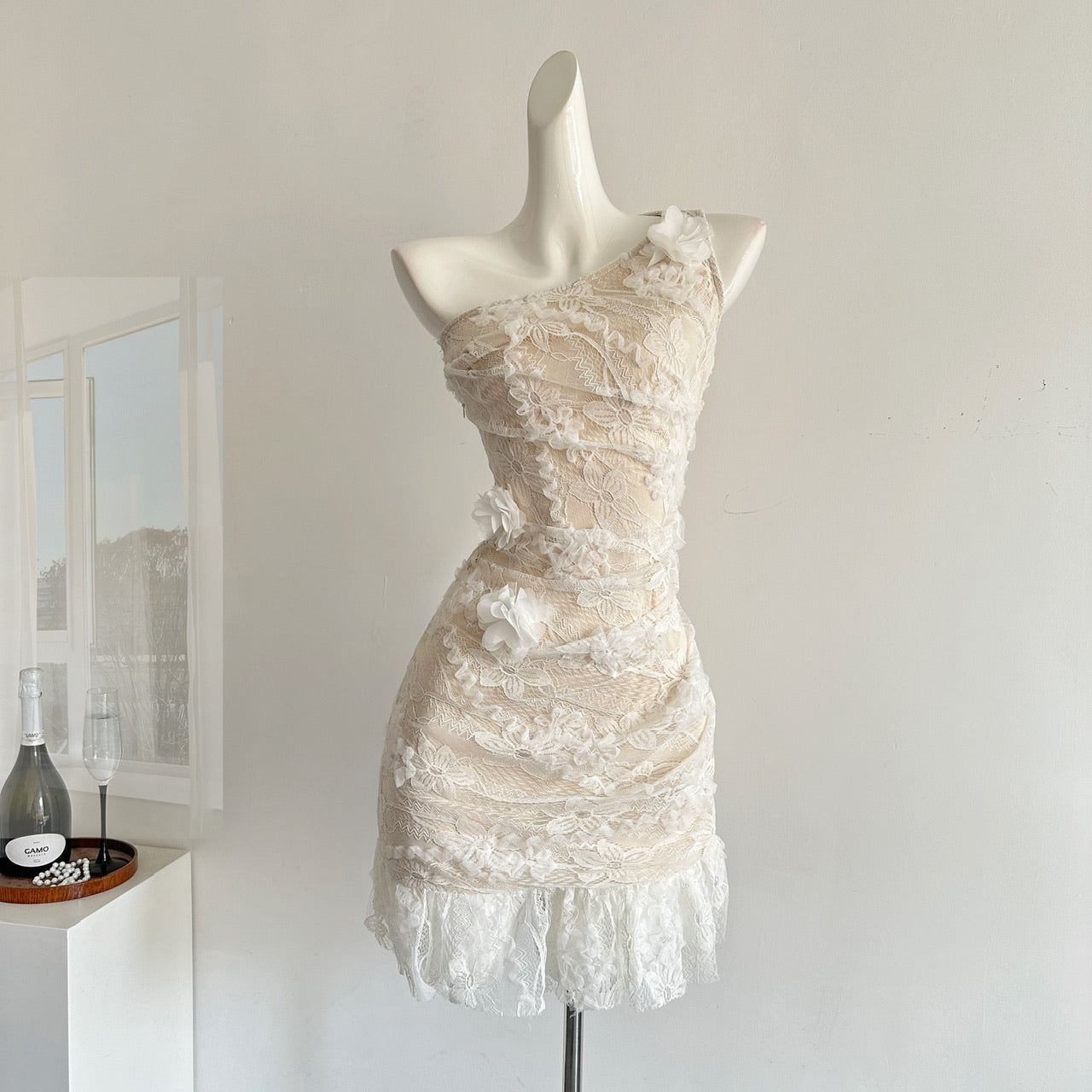 Exclusive handmade three-dimensional flower waist slimming hip dress R2045