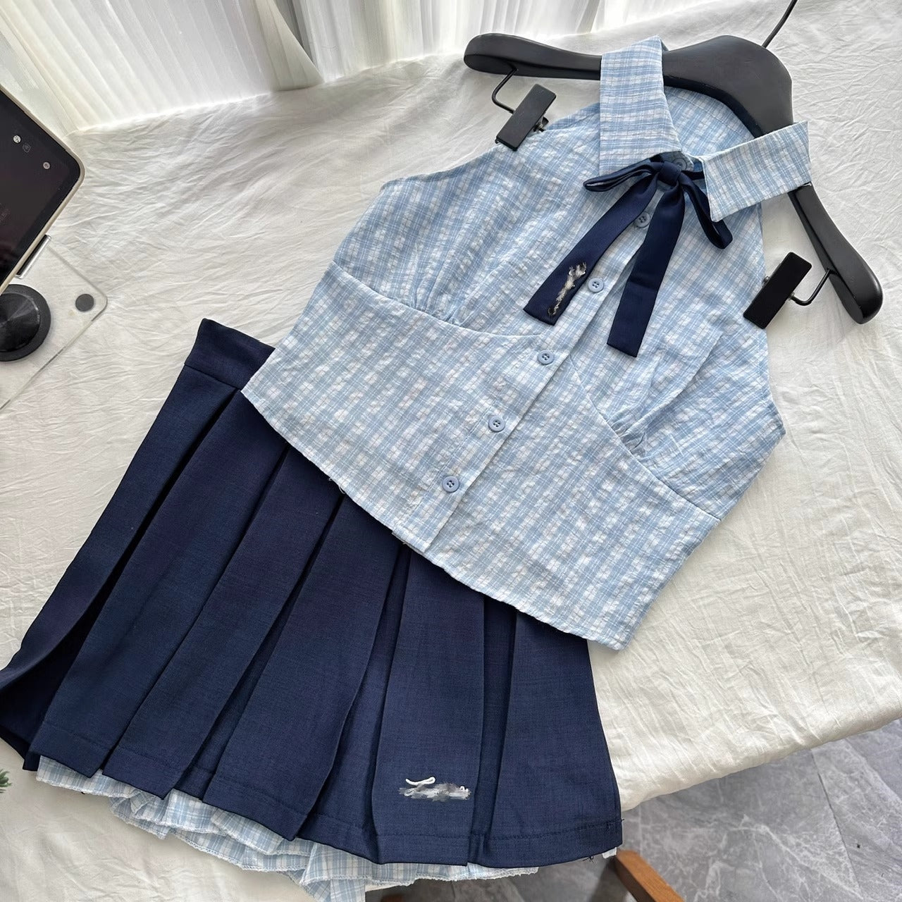 Senior sister summer niche sweet hot girl plaid halterneck suit R2046