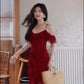 Retro red one-shoulder suspender dress high-end temperament beach dress R0774