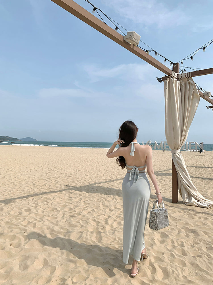 Blue v-neck hollow sleeveless halter dress temperament waist banquet dress R0547