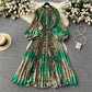 High-end temperament round neck lantern long sleeve waist slimming printed pleated dress R2302