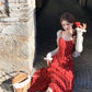 French style beautiful red suspender dress irregular slit long skirt R3865