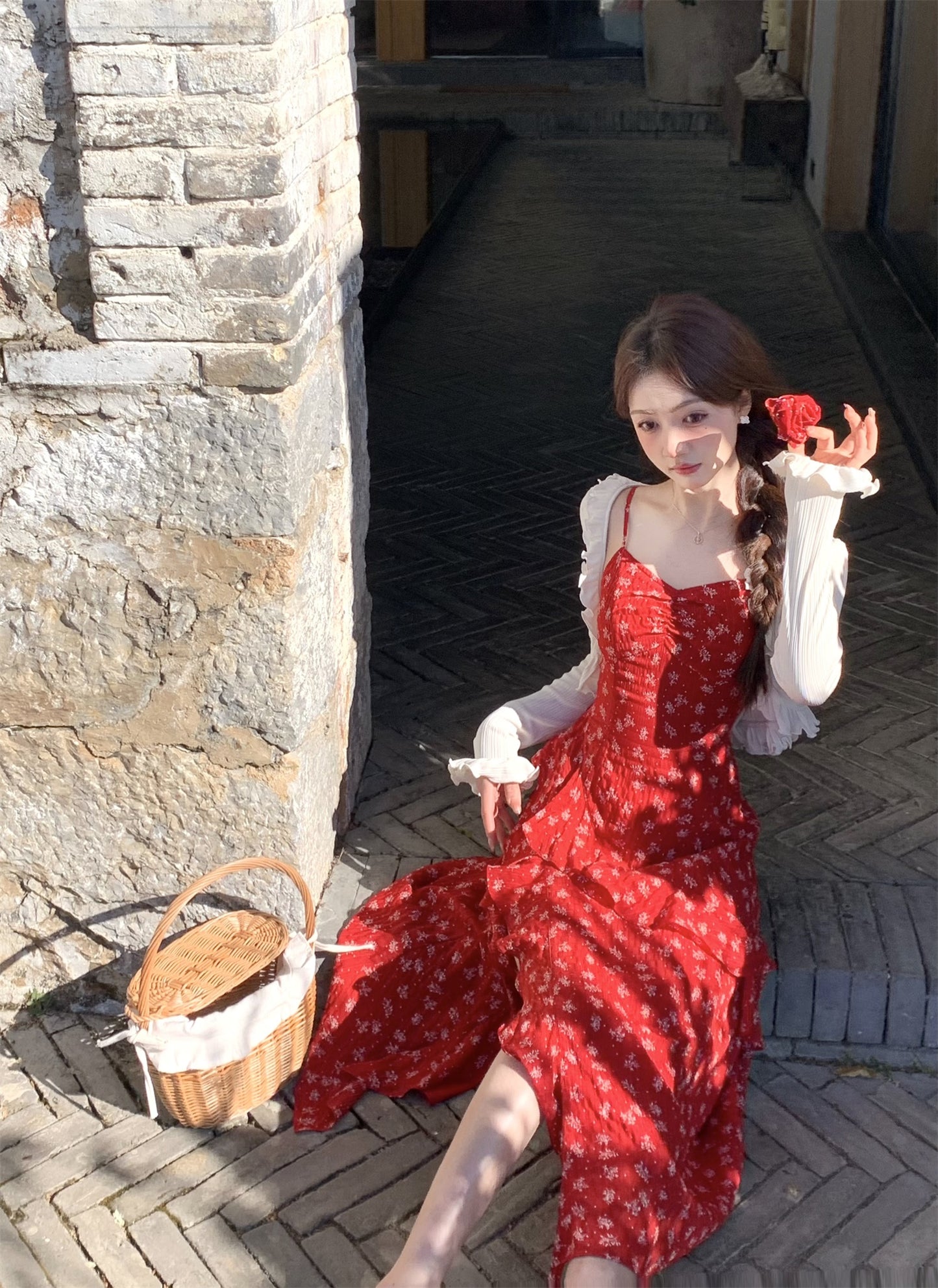 French style beautiful red suspender dress irregular slit long skirt R3865