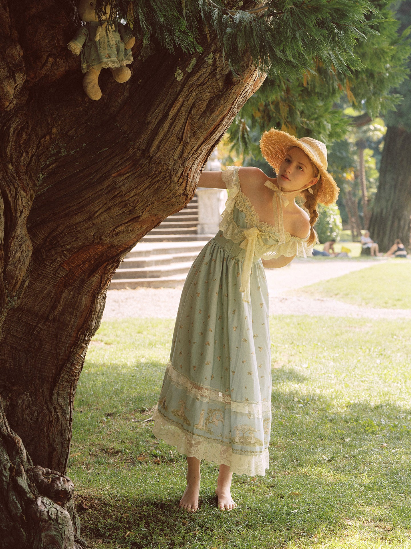 French pastoral style heavy embroidery lace splicing suspender long dress homecoming dress R5145