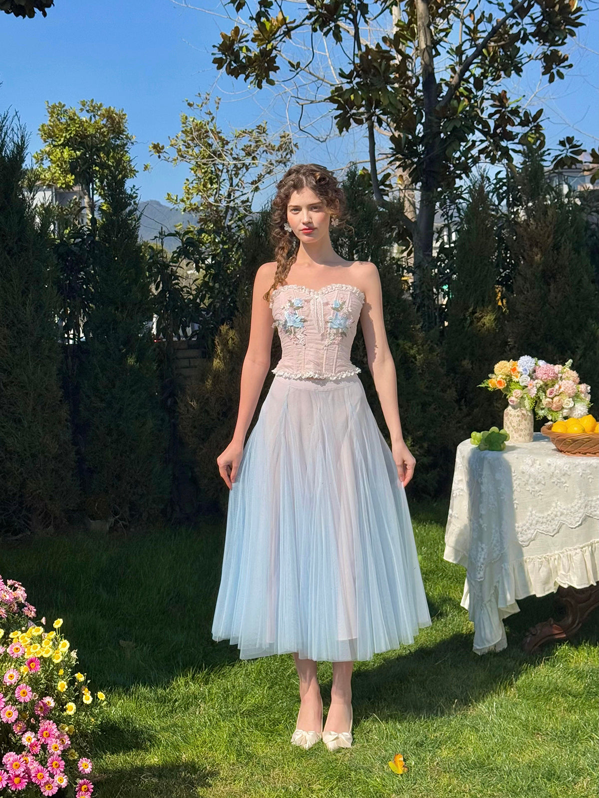 French sweet light spring pink blue tube top fishbone bra mesh skirt suit homecoming dress R5146