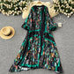 European and American style pleated printed dress lantern long sleeve waist slim long skirt R2322