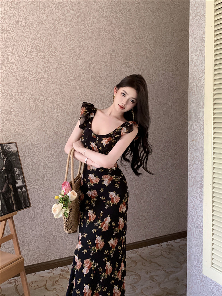 Temperament high-end retro floral dress super beautiful long skirt R0646