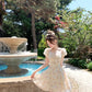 French yellow floral short-sleeved dress, beautiful summer skirt R3867