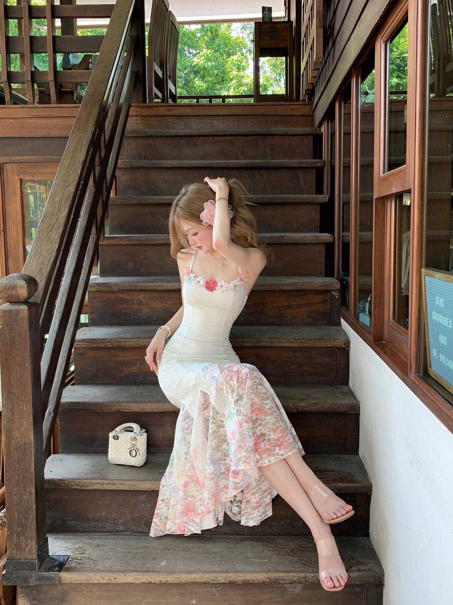 Summer fishtail design floral long skirt with suspenders for holiday R3868