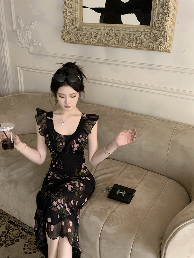 Holiday design small flying sleeves black floral dress slim fit temperament hip long skirt R1785
