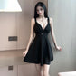 French Hepburn sexy hollow backless sling little black dress temperament waist short dress R3707