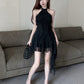 Halter neck ribbon backless little black dress irregular sexy slim fit ruffled dress for women R3708