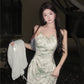 Green suspender halter dress unique chiffon sunscreen cardigan two-piece set R0616