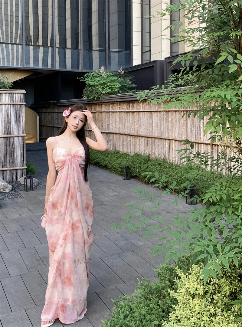 French style beautiful sling dress seaside holiday green print dress beach dress R1564