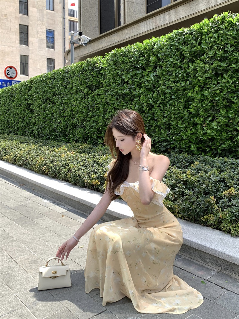 Beautiful little skirt gentle style floral yellow long skirt 2025 dress R0890