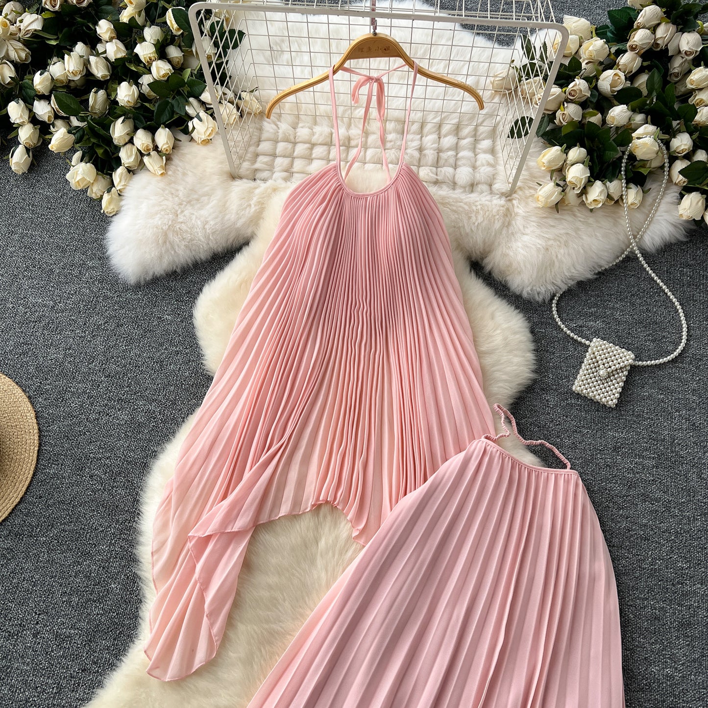 Beach Vacation Fashion Set Halter Neck Pleated Tank Top + High Waist Midi Skirt R2204