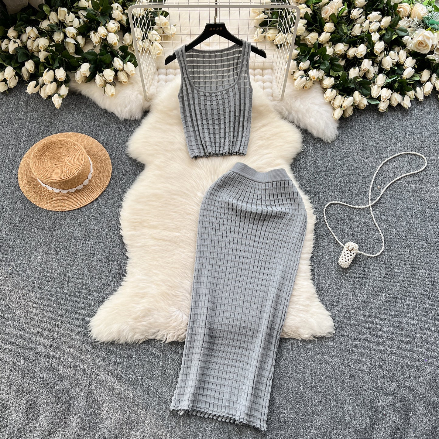 Retro hot girl style suit short vest top versatile high waist skirt knitted two-piece suit R2164