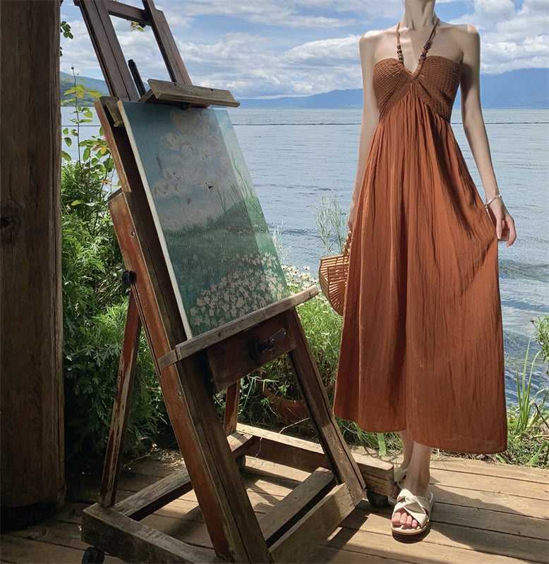 Travel wear retro beaded halter neck knitted dress seaside holiday beach dress R1593