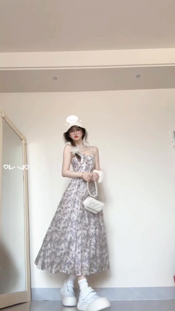 Floral suspender dress new style beautiful waist temperament long dress R0590