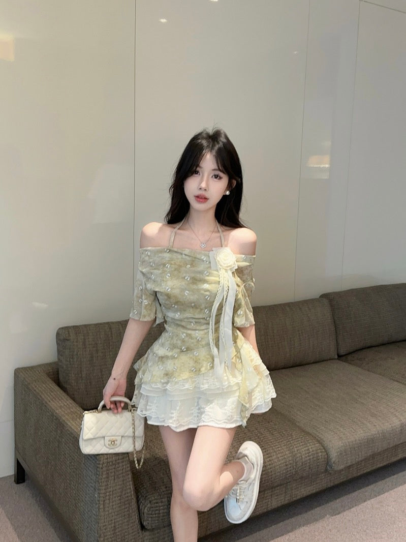 French lace three-dimensional flower collar chiffon shirt summer new sweet halter neck R3390