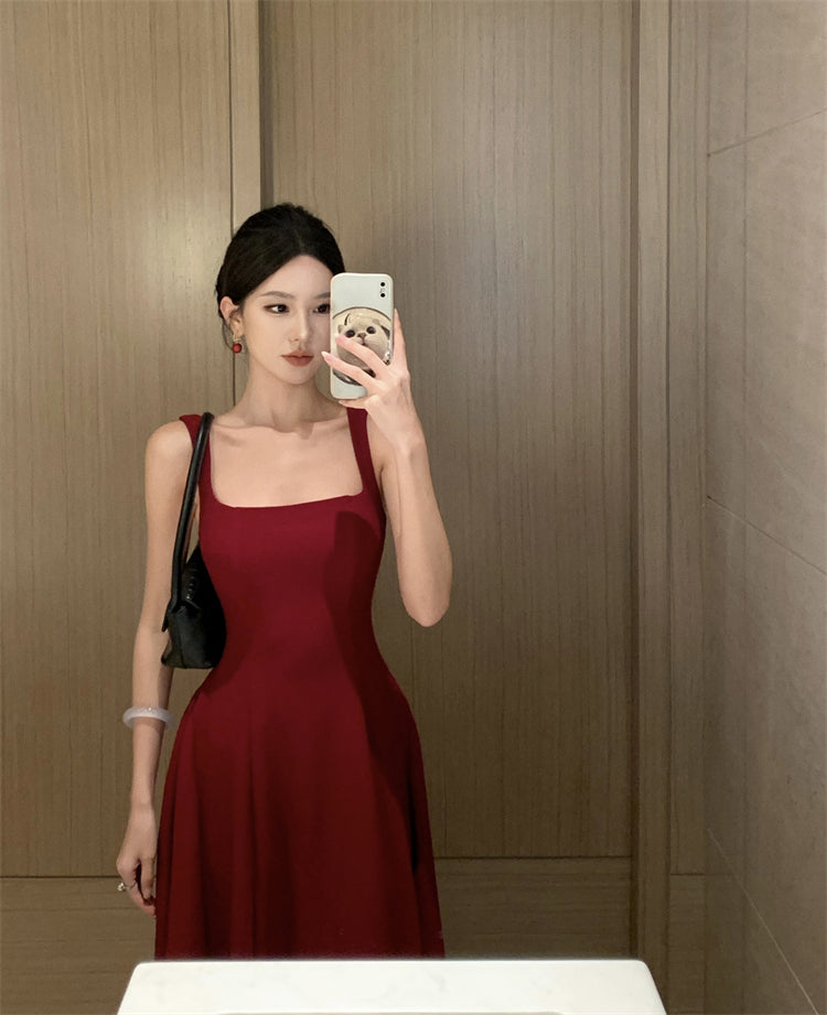 Skirt square neck suspender dress royal sister style temperament wine red high-end dress R1437