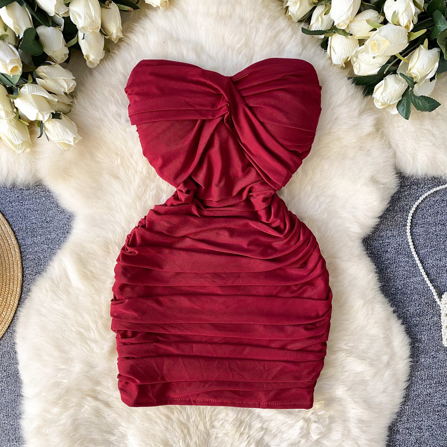 Sexy sleeveless tube top dress pure desire hot girl pleated slim hip small mesh skirt R2328