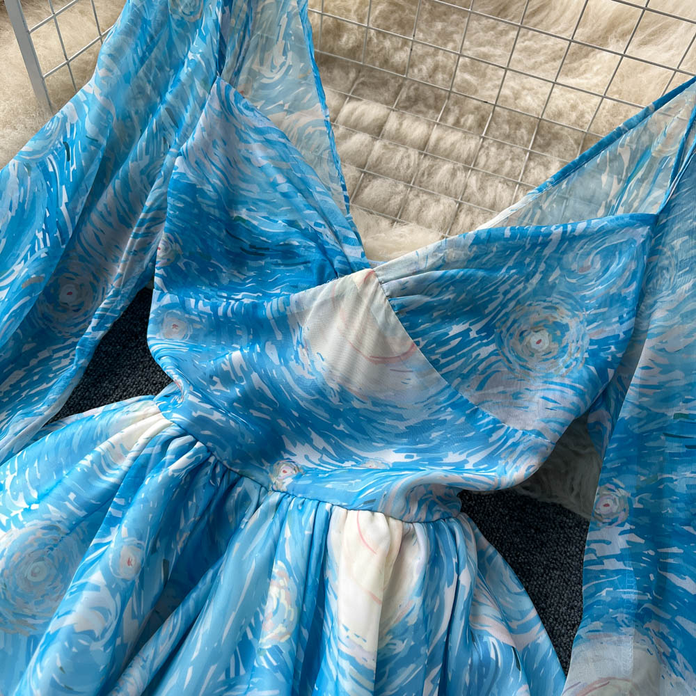 Sweet hot girl lantern sleeve waist backless puffy floral dress princess petite short skirt R2327